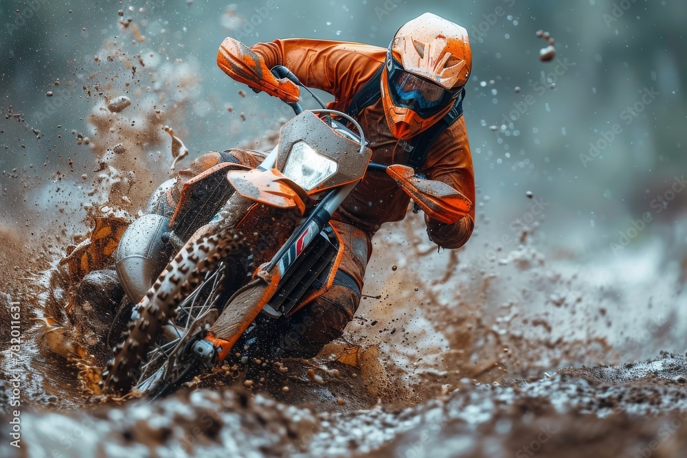 Aufkleber an intense photograph of a motocross athlete in orange attire executing a sharp turn on a muddy trac