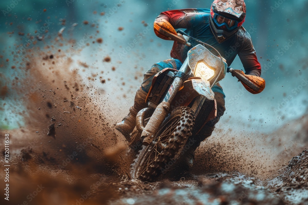 Poster a dynamic image capturing a motocross rider speeding through a muddy racetrack, splashing mud in thi