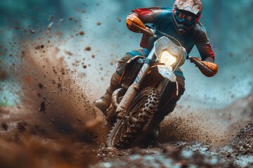 A dynamic image capturing a motocross rider speeding through a muddy racetrack, splashing mud in...