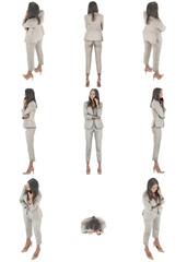 Set of orthographic isometric views of business woman in suit talking on the cell phone. Full body isolated on transparent background	