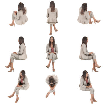 Set of orthographic isometric views of business woman in suit sitting and looking ahead. Full body isolated on transparent background	