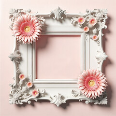 Vintage white ornate frame with pink floral accents pink background. Mother's Day card, copy space - 782011801