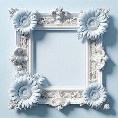 Vintage white ornate frame with blue floral accents blue background. Mother's Day card, copy space - 782011846