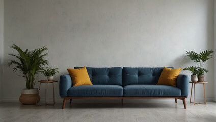 A blue couch sits in the center of a room with two potted plants on either side of it.

