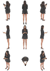 Set of multiple orthographic and isometric views of business woman in suit jacket and skirt standing and using cell phone. Full body isolated on transparent background	