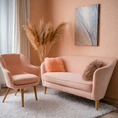 Minimalistyczne wnętrze salonu w odcieniach peach fuzz
