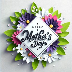 Happy Mother's Day elegant card design with 3D paper flowers and circular frame on pink background. - 782012026
