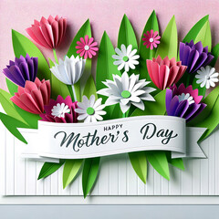 Happy Mother's Day elegant card design with 3D paper flowers and circular frame on pink background.
