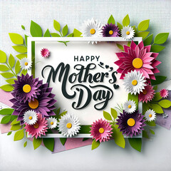 Happy Mother's Day elegant card design with 3D paper flowers and circular frame on pink background. - 782012052