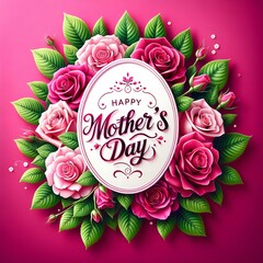 Happy Mother's Day greeting card with lush pink roses flowers and circular frame on red background - 782012058