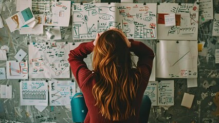 Pushing towards a redhead Caucasian woman sitting with her legs up and hands on her head frustrated by a wall of college homework consisting of hand drawn charts and calculations