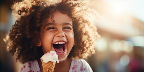 Happy little African girl with curly hair eats ice cream in a waffle cone against the backdrop of a sunny city street, cafe in summer - obrazy, fototapety, plakaty