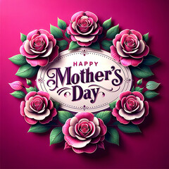 Happy Mother's Day greeting card with lush pink roses flowers and circular frame on red background - 782012097