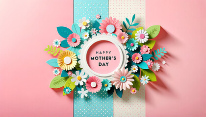 Happy Mother's Day crafted paper floral arrangement in circular frame with pastel background - 782012201