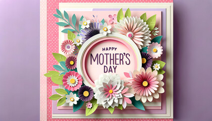 Happy Mother's Day crafted paper floral arrangement in circular frame with pastel background - 782012204
