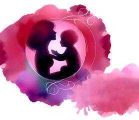 Silhouette mother holding child with vibrant watercolor splash background Happy Mother's Day text - 782012206