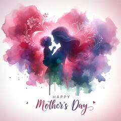 Silhouette mother holding child with vibrant watercolor splash background Happy Mother's Day text - 782012210