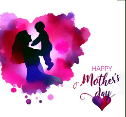 Silhouette mother holding child with vibrant watercolor splash background Happy Mother's Day text - 782012218