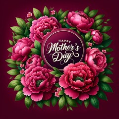 Happy Mother's Day greeting card with lush pink peony flowers and circular frame on red background - 782012219