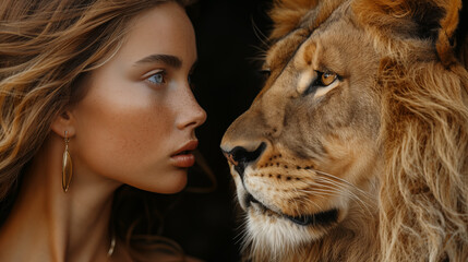 Close-up portrait of a beautiful young woman with a lion.
