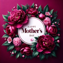 Happy Mother's Day greeting card with lush pink peony flowers and circular frame on red background - 782012237