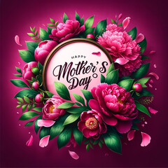 Happy Mother's Day greeting card with lush pink peony flowers and circular frame on red background - 782012238