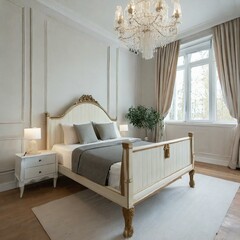 Jasna sypialnia w stylu retro, vintage