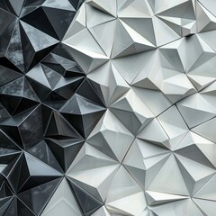 Fototapeta premium Wide angle view of a monochrome 3D polygonal surface, creating a modern mosaic of geometric shapes in black, gray, and white shades. 