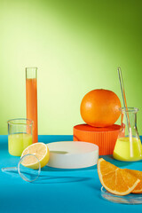 Natural yellow extract from lemon filled in beaker and erlenmeyer flask, round white blank podium...