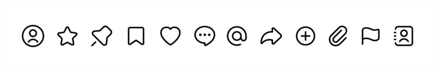 Social media interface icon set in line style. like, unlike, comment, share, message, thumb, favorite, bookmark, and save simple black style symbol sign for apps and website, vector illustration.