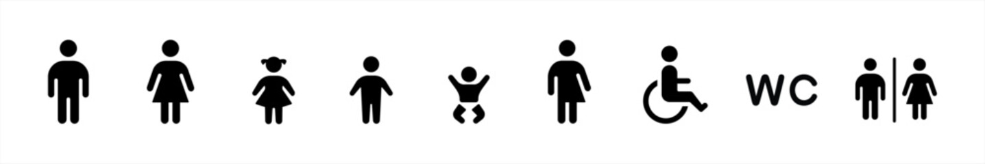WC icons set. Toilet symbol. Man and woman signs, Male or female restroom WC signs, mother with baby and handicapped vector illustration.