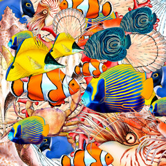 Illustrated composition of marine elements such as fish, shells and corals