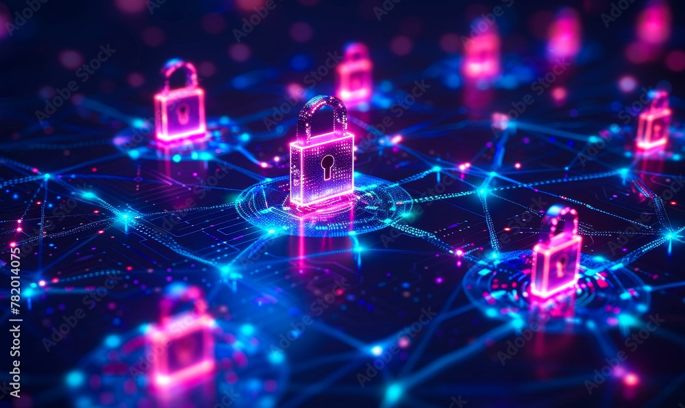 Poster neon network security concept with glowing connected padlocks and circuit board pathways, data prote