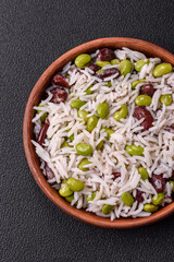 Delicious white cooked rice with green edamame beans with salt and spices