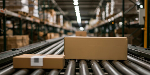 A lone cardboard box travels on a conveyor belt within the organized aisles of a modern warehouse.