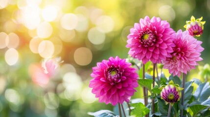 Bright pink dahlia flowers bloom against a backdrop of soft, glowing sunlight and green foliage.