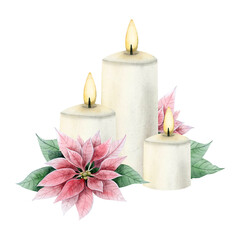 White Christmas burning candles with poinsettia flowers and leaves watercolor isolated illustration for New Year holiday greeting cards in realistic style and vintage colors