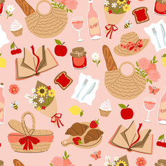 Seamless pattern with outdoor picnic items. Vector graphics.