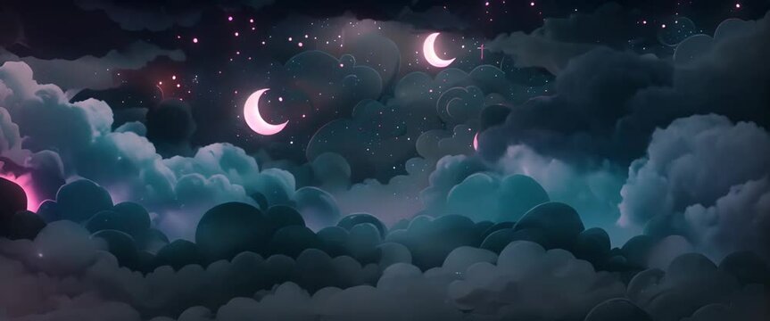 Pastel Night Pattern with clouds, moon and stars