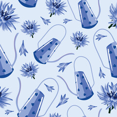 seamless pattern with blue with hearts watering can for plants and buds of blue cornoflowers, for posters banners or cards	 - obrazy, fototapety, plakaty