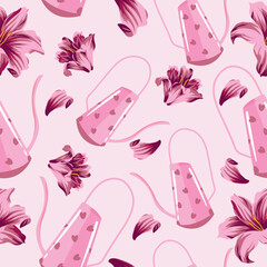 seamless pattern with pink with hearts watering can for plants and buds of pink lily, for posters banners or cards	 - obrazy, fototapety, plakaty