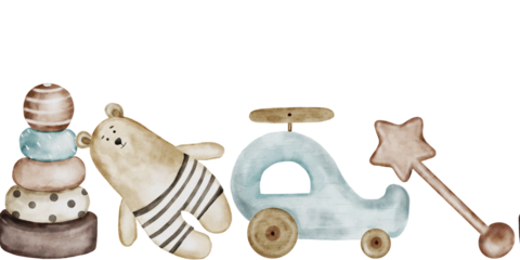 Children's toys watercolor. Hand drawn isolated on white background seamless border of wooden children's items. Pyramid, teddy bear, rattle and helicopter. For children's textiles and cards for baby