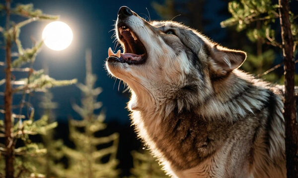A dramatic image of a wolf howling at the full moon in a forest at night.