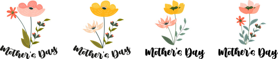 Mother's day, hand drawn lettering. Mother's Day postcard template with colorful spring flowers. Vector illustration EPS 10
