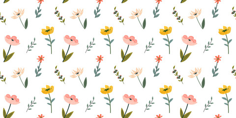 Seamless floral pattern with hand drawn flowers, leaves and branches. Seamless pattern for textiles, packaging design, paper and other things