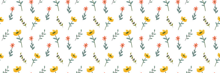 Seamless floral pattern with hand drawn flowers, leaves and branches. Seamless pattern for textiles, packaging design, paper and other things.