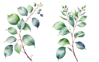 Watercolor Painting of Branches with Leaves on Transparent Background. Botanical Illustration Art