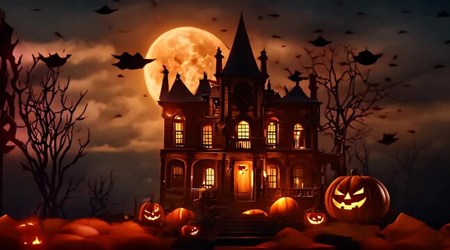 A castle stands in front of a full moon, with pumpkins and bats scattered around in the night