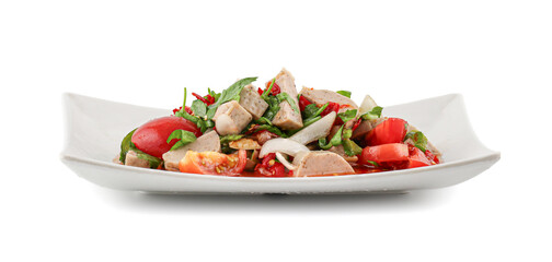 Spicy Vietnamese Pork Sausage Salad (Yum Moo Yor), Pork stick spicy salad thai recipe isolated on white background, White pork sausage asian - Mooyor in thai