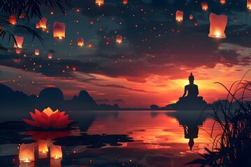 lord buddha with meditation pose near the lotus river at the temple with lantern sky. vesak festival , buddhist festival and lord buddha